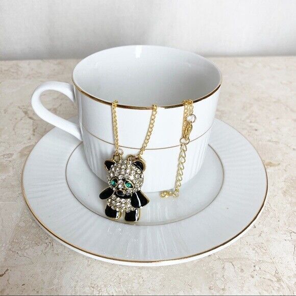 NEW Black White Rhinestone PANDA BEAR Long Necklace Green Eyes Gold Chain NWT - Picture 4 of 7